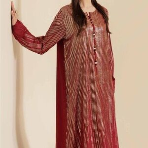 Elegant Red Long Sleeve Dress with Gold Accents